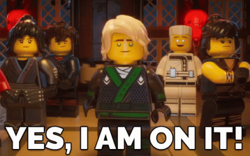 some lego people are standing near one another with text saying it's yes, i am on it