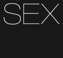 a person is walking in front of a black background and the words sex written in white