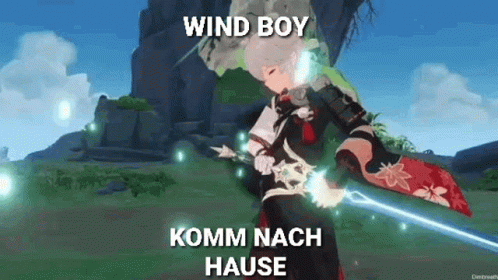 the animation character is in front of a background with an caption above it that says, wind boy komm nach hause
