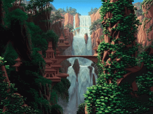 a man is using a computer to draw a waterfall