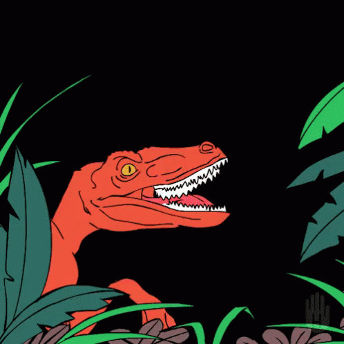 a cartoon dinosaur looks over his shoulder
