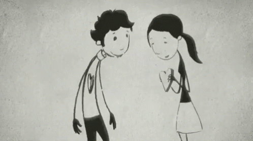 a black and white drawing of two people facing each other