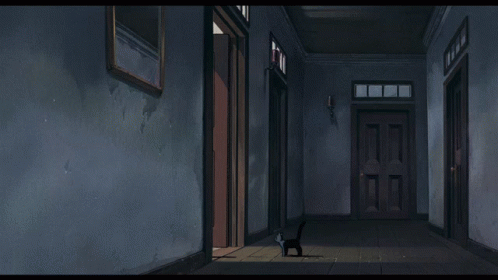 a cat walking down the hallway with a black door