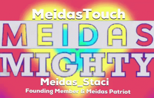 the sign for media's mighty, featuring a neon colored font that reads