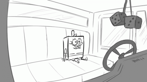 a black and white drawing of a box next to a steering wheel