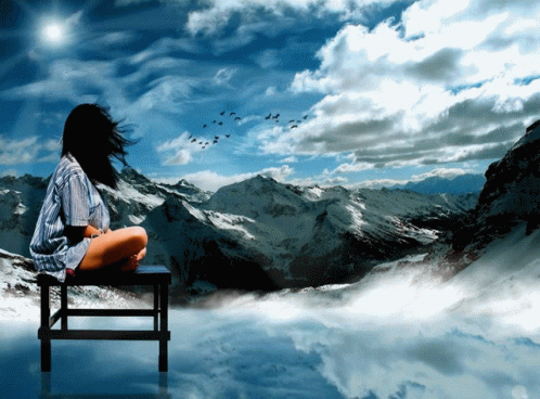 a painting of a person sitting in front of mountains