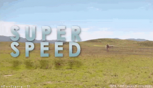 two people in a field near the text super speed