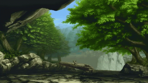 an artwork with a large waterfall and trees on the side