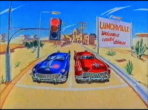 a cartoon drawing of two cars traveling down a highway
