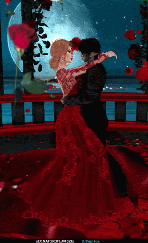 a couple hugging and dancing in front of a moon filled background