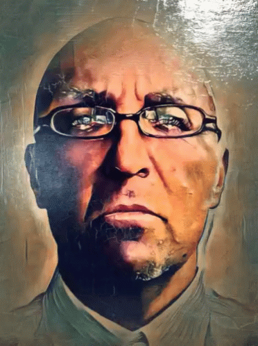 a blue man wearing glasses is shown with an interesting image