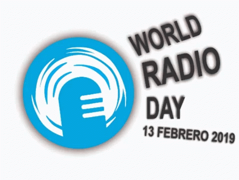 a yellow and white world radio day logo