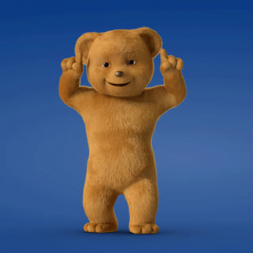 a blue stuffed bear waving and holding its hands up