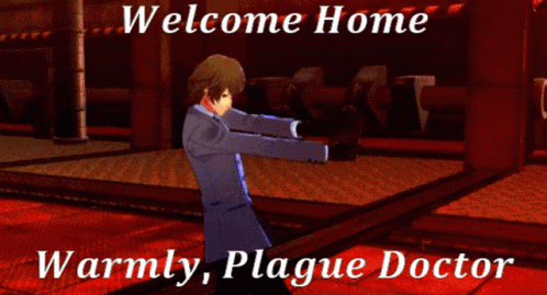 a sci - fi character in a brown suit holds a rifle to an evil blue sign reading welcome home