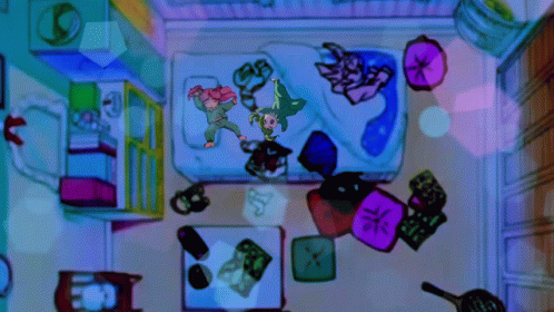 a brightly colored cartoon drawing of a bedroom with an overhead view