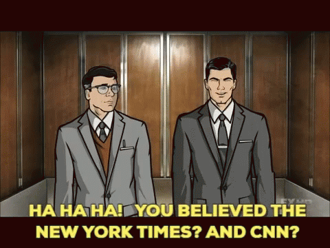 a po of two men wearing suits with text below that reads have ha ha ha you beliveed the new york times and cnn?