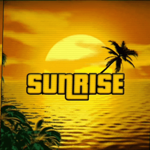 the text sunrise is on a screen with palm trees in the background
