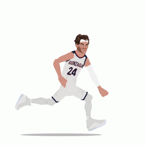 an illustrated man running down a white floor