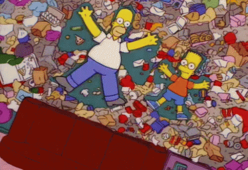 a cartoon picture with people and a bunch of garbage