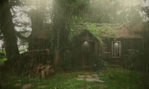 this is an image of a rainy house in the woods