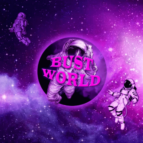 a purple picture with an astronaut and a space ship in the background