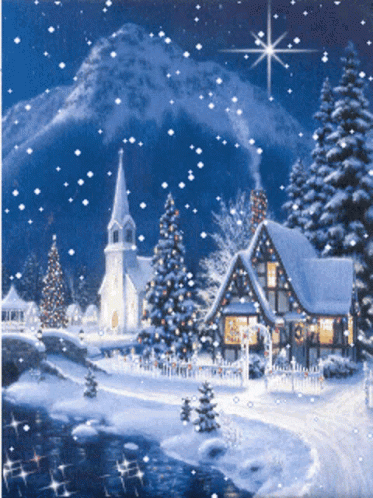 a beautiful christmas landscape with houses, trees, and stars