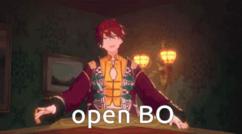 a person standing with their arms outstretched, in front of a lit up room that says open bo