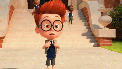 a cartoon character standing in front of stairs