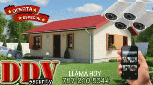 a flyer for a security company featuring a cell phone, camera and house