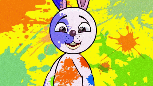 the bunny is smiling while wearing colorful clothing