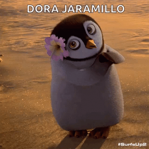 the poster features an animated penguin wearing a flower