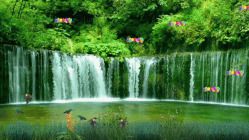 a very large waterfall with many different colored fish in it