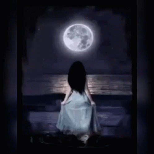 a girl looking out to the side with a full moon in the background