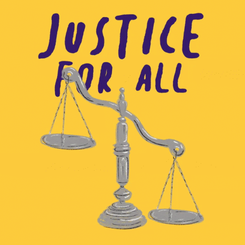 justice for all is a blue background with red ink