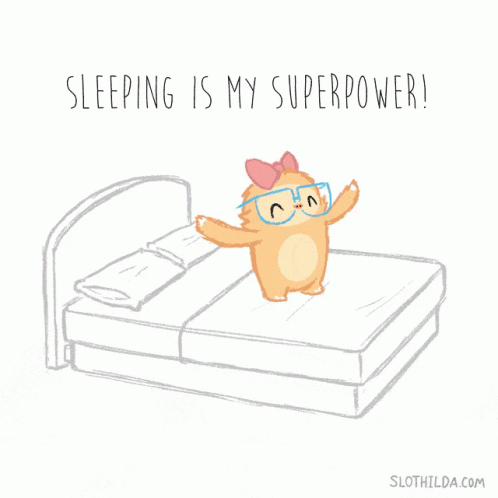 a cartoon blue cat with glasses standing on a bed and text sleeping is my superpower