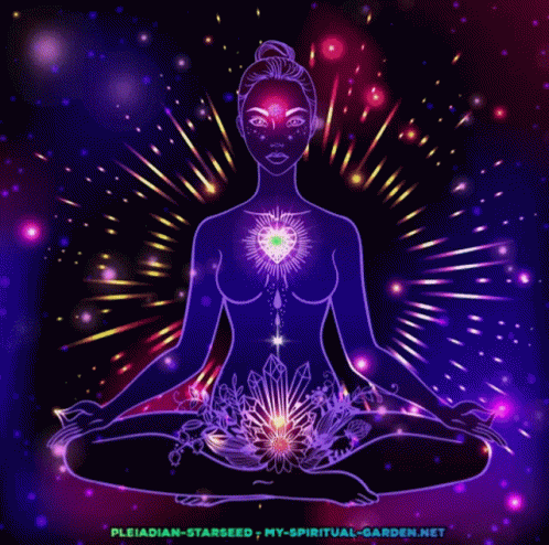 a woman sitting in lotus position in the center of an energy field