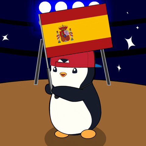 a cartoon penguin wearing a blue flag on his head