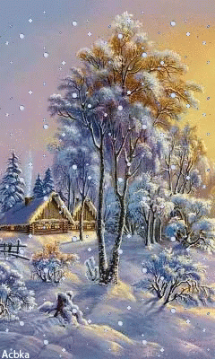 a painting on paper with snow covered trees in the foreground