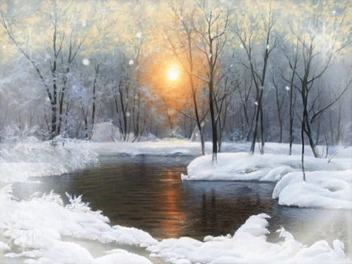 a winter night by a stream filled with snow