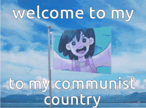 a cartoon picture of a girl standing in the grass with a flag that reads welcome to my to my communist country