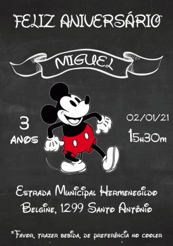 black menu card featuring mickey mouse for feliz annivereriario