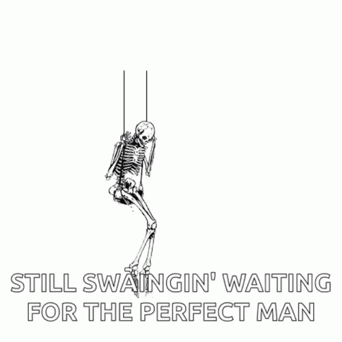 a skeleton hanging from a rope with a caption in the bottom