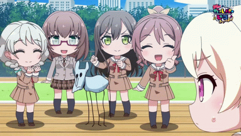 group of little anime girls with glasses standing by each other