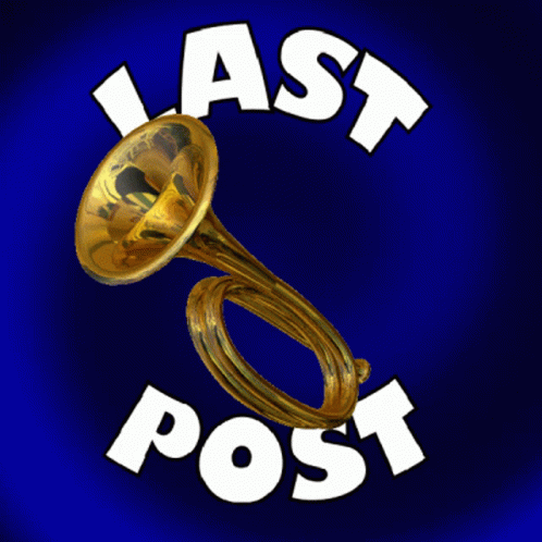 a blue megaphone horn with the words'last post'in the background