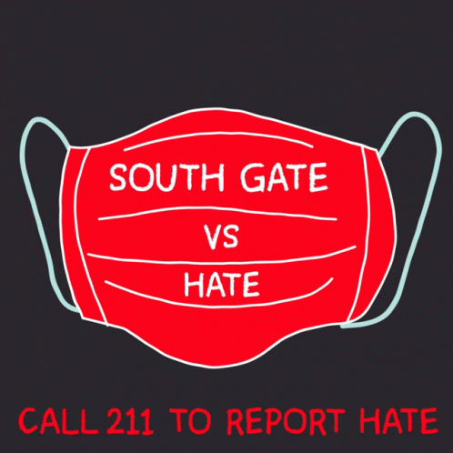 a blue mask with words that read south gate vs hate