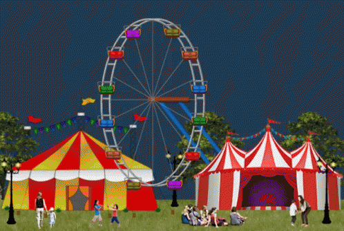 a colorful carnival filled with carnival tents and a ferris wheel