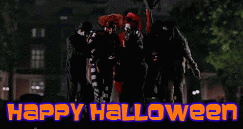 a creepy scene with text on it that says happy halloween