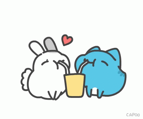 a cute little cartoon rabbit and dog with a cup of coffee