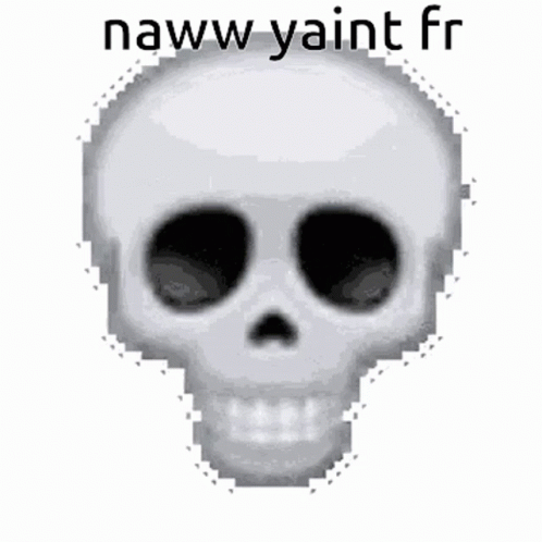 a pixeled white skull with black eyes and text