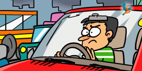 an animated cartoon depicting a man driving a car